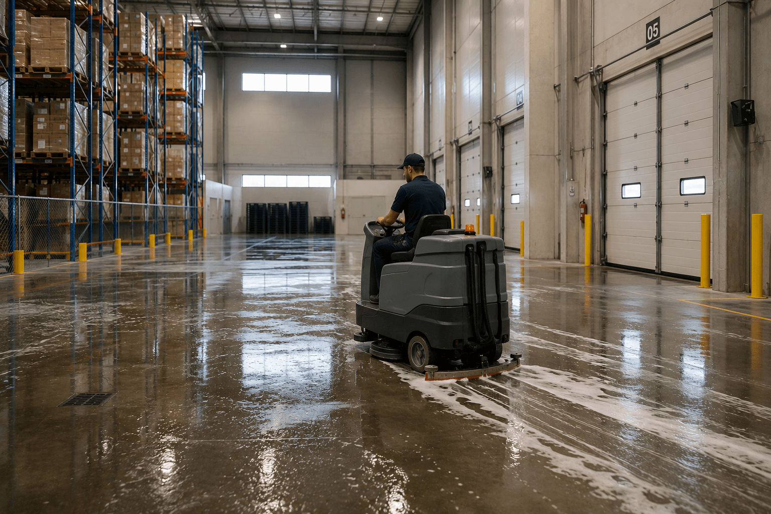 Lavagem mecanizada de pisos industriais