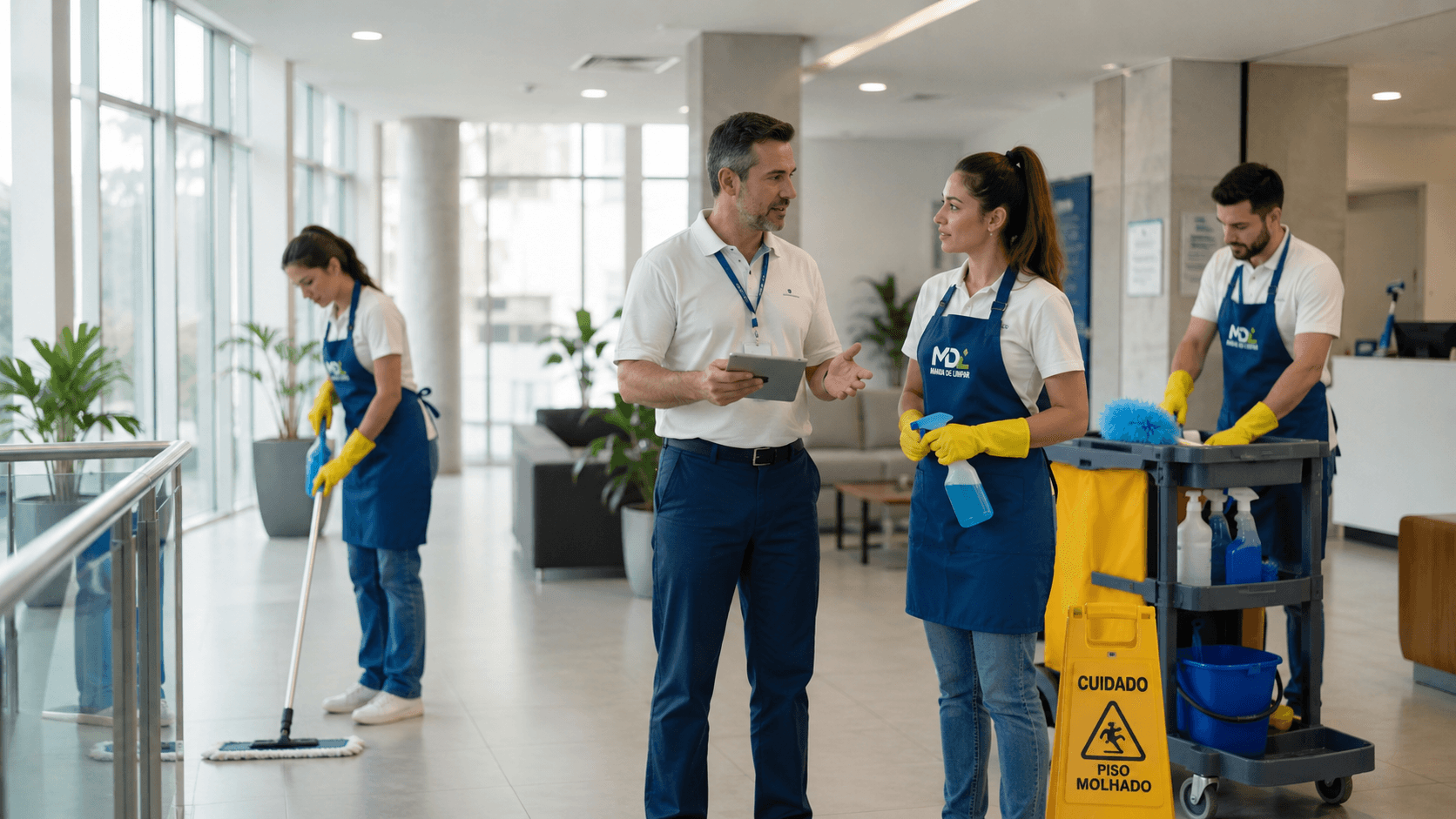 Equipe uniformizada em ambiente corporativo ou condomínio, com postura profissional e equipamentos organizados.